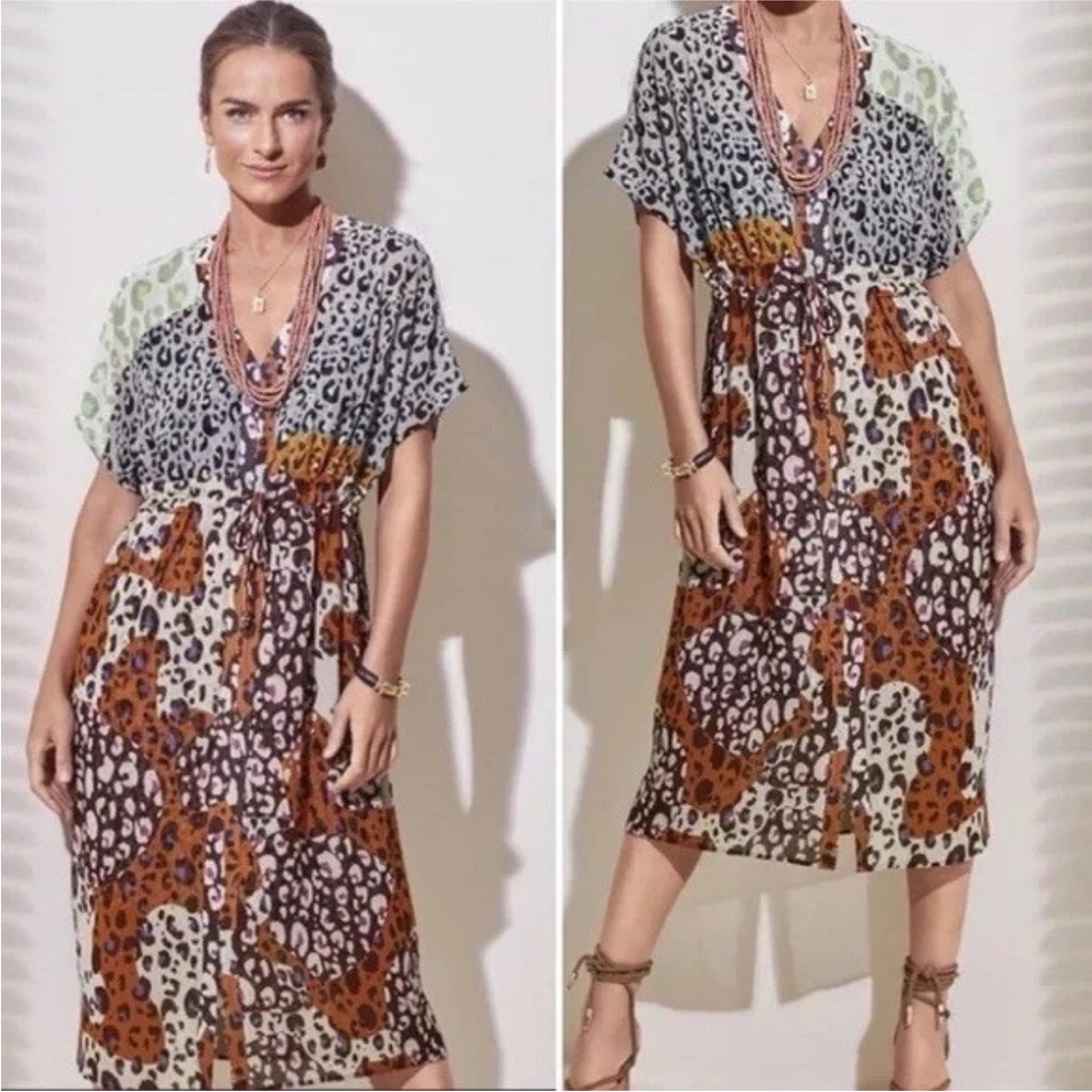 CAbi Escape Drawstring waist dress w/ Dolman Sleeves in Multicolor animal print